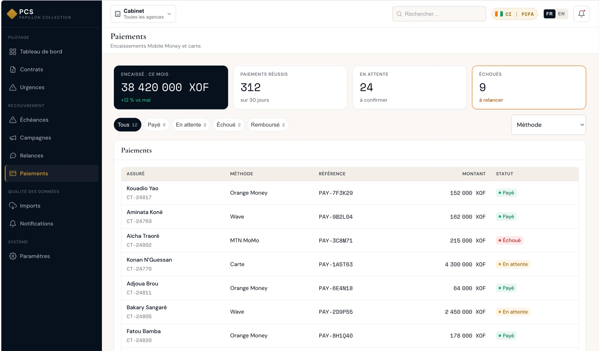 Payments screen: collected this month, successful, pending and failed payments, with the Mobile Money transaction list.