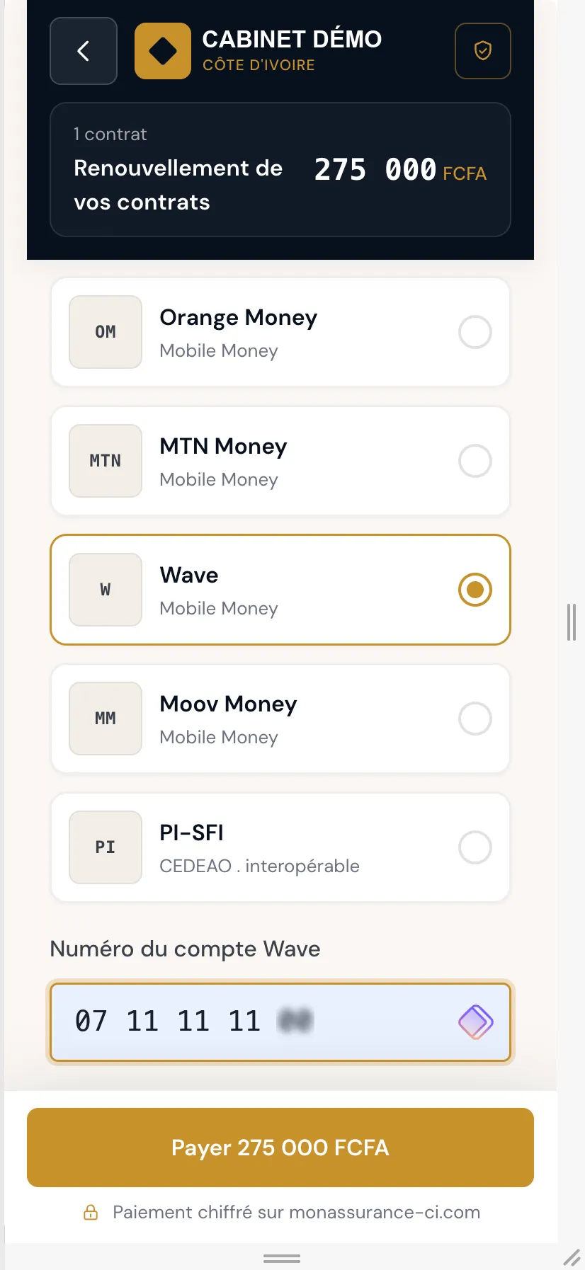 Policyholder portal on mobile: choosing a Mobile Money payment method and entering the number to settle the renewal.